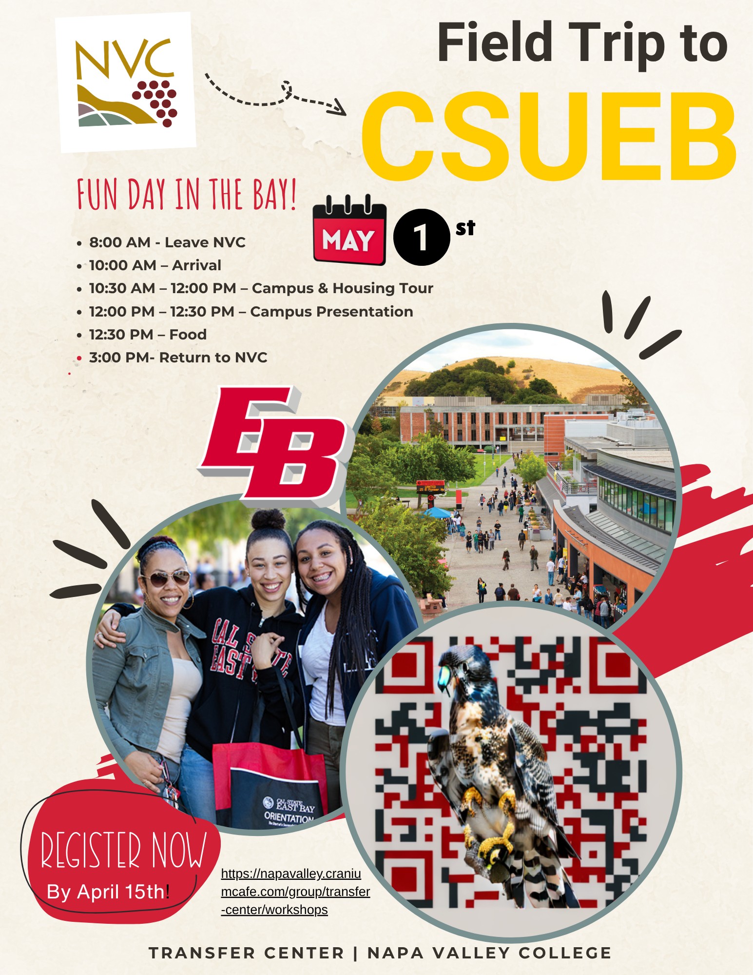field trip announcement to CSU East Bay; May 1st, 8 am-3 pm
