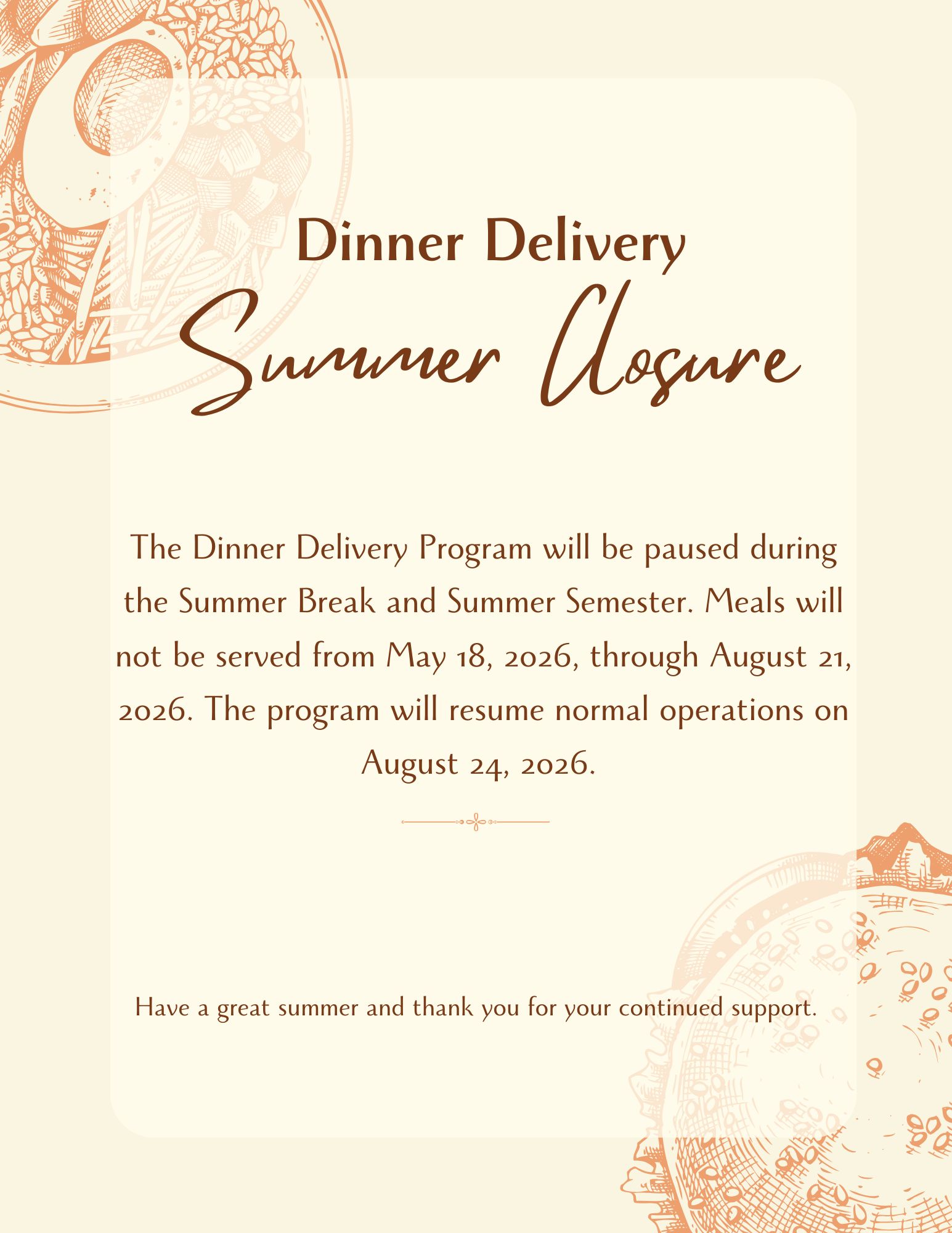 RTV Dinner Delivery Program Summer Closure 