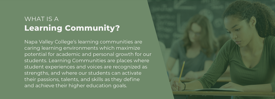 what is a learnining community definition - green background with two female students writing in class
