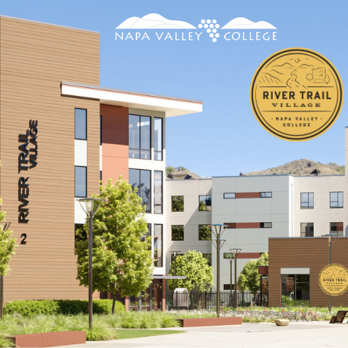student housing rendering with gold and black emblem logo