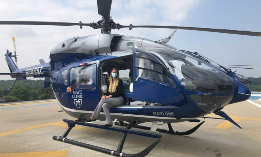  Sydney Kaupinnen in one of the two helicopters the Mayo Clinic uses for inter-facility patient transports.